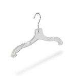 Perspektivische Ansicht des Kleiderbügels K 143. Ein Kunststoffbügel mit vielen Kerbungen und Rockhäkchen. Haken drehbar